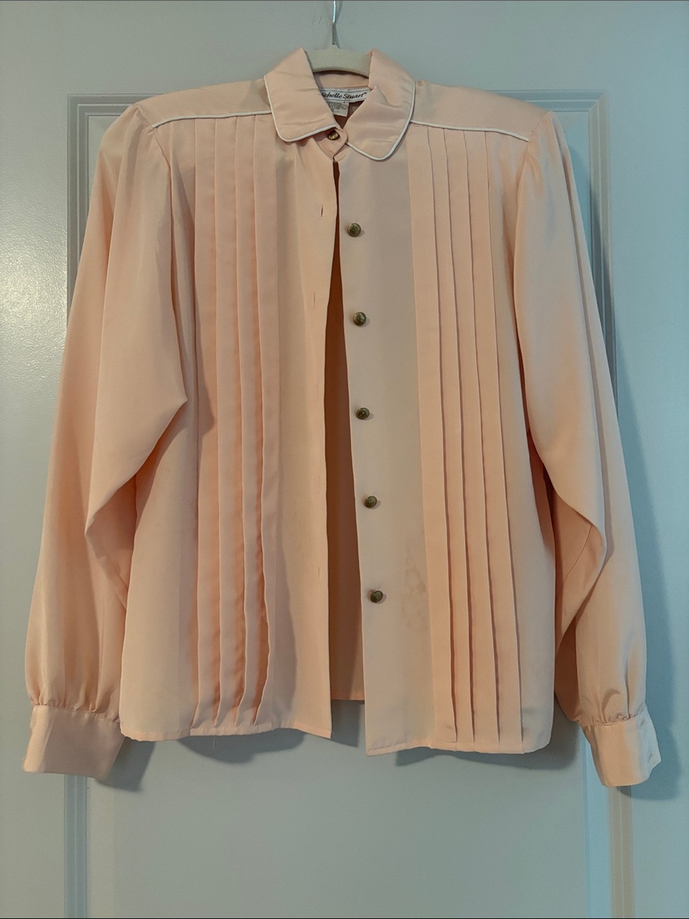 Michelle Stuart Pleated Button-Down Blouse in Pale Peach